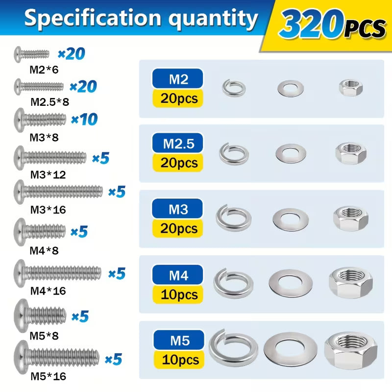 320-teiliges Sechskant-Muttern- und Schraubenset - M2, M2,5, M3, M4, M5