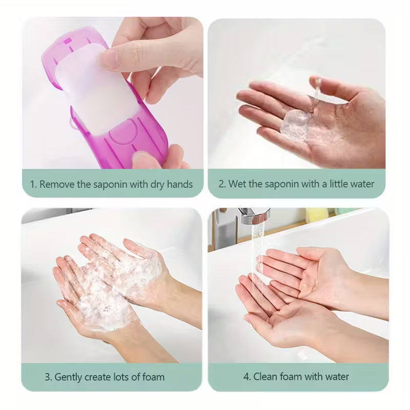 Farbiger Einwegbehälter mit 20 Handseifenpapiere, ideal für unterwegs