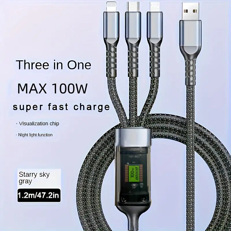 100W Schnellladekabel 3-in-1 USB Type C - Multi-Port 1.2m