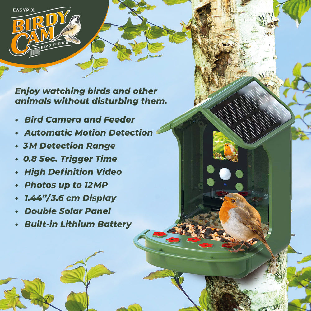 EASYPIX Vogelfutterhaus -BirdyCam- mit HD-Kamera, Solar-Panel und Akku