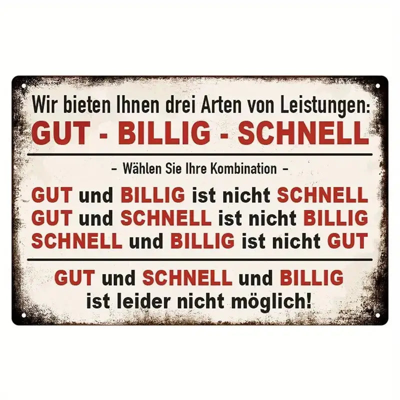 Retro Wandkunst Schild Gut-Billig-Schnell - Mit lustigen Sprüchen