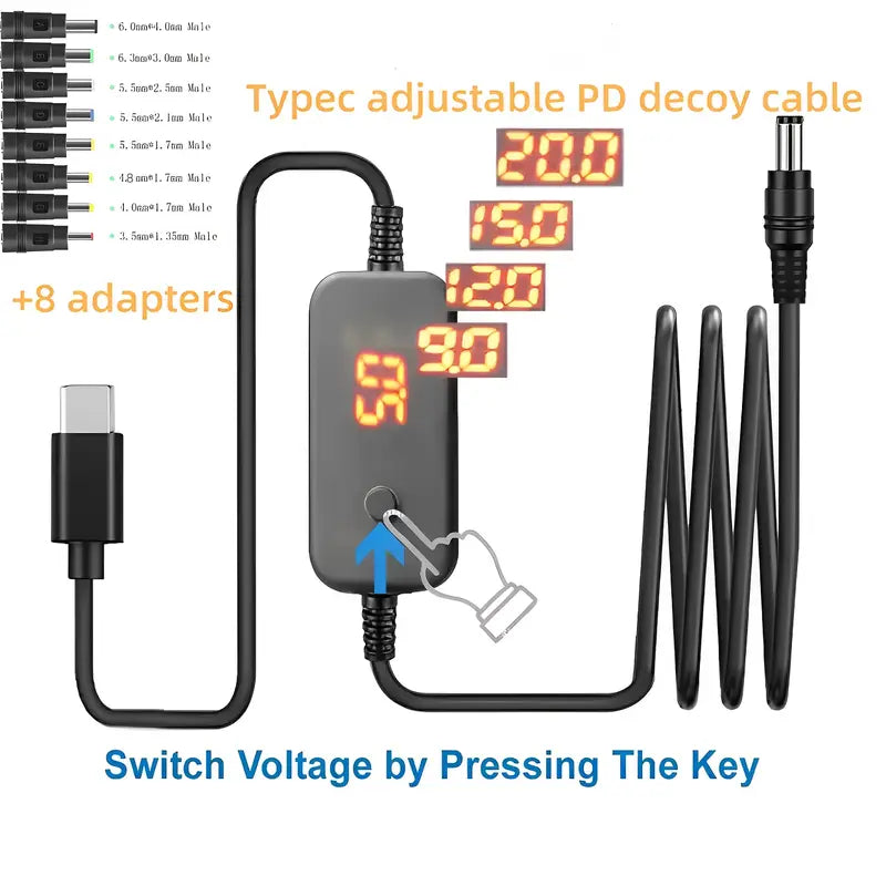 USB-C zu DC 5521 PD Kabel mit 34 Adaptern, 5-20V einstellbar für viele Geräte