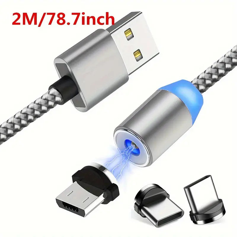 Magnetisches Schnellladekabel mit 2x USB-C & 1x MicroUSB 1m / 2m Silber