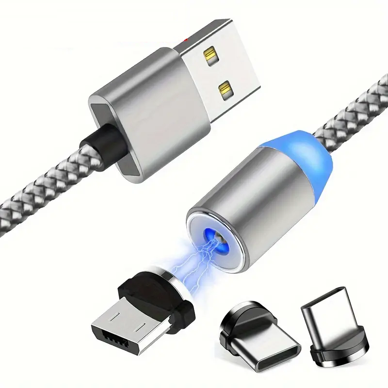 Magnetisches Schnellladekabel mit 2x USB-C & 1x MicroUSB 1m / 2m Silber