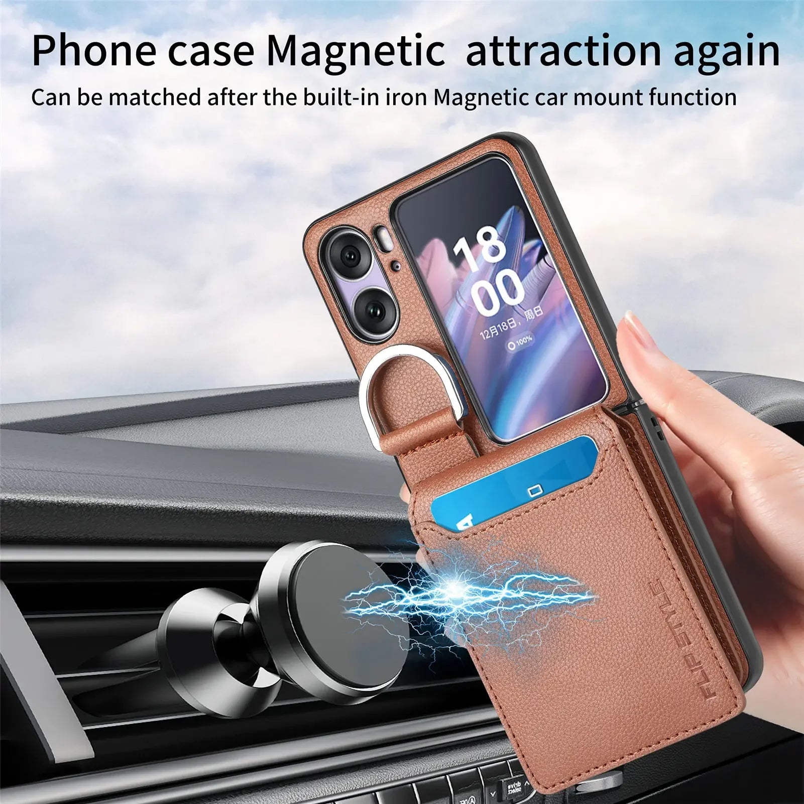 Magnet Ringhalter Kreditkarten Case für Oppo Find N2 Flip 5G (Braun)