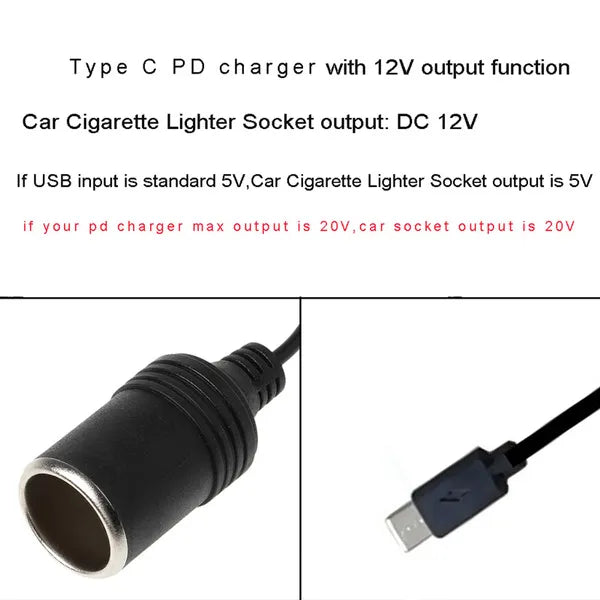 USB-C PD Typ-C Stecker auf 12V Zigarettenanzünderbuchse 30/50/100/300 cm
