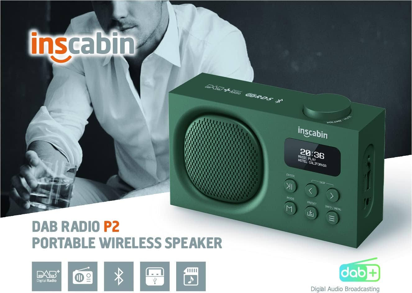 Inscabin P2 Tragbares DAB+/FM-Radio mit Bluetooth-Lautsprecher (Grün)