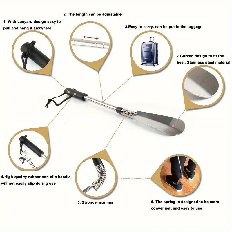 Edelstahl Schuhlöffel mit Ausziehbarer Funktion und Bequemem Kunststoffgriff