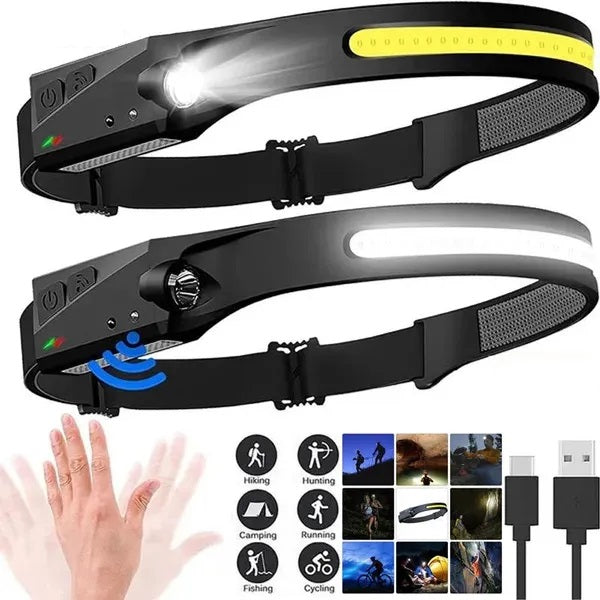 Induktions-Stirnlampe, COB-LED-Kopf, wiederaufladbare Stirnlampe mit Sensor