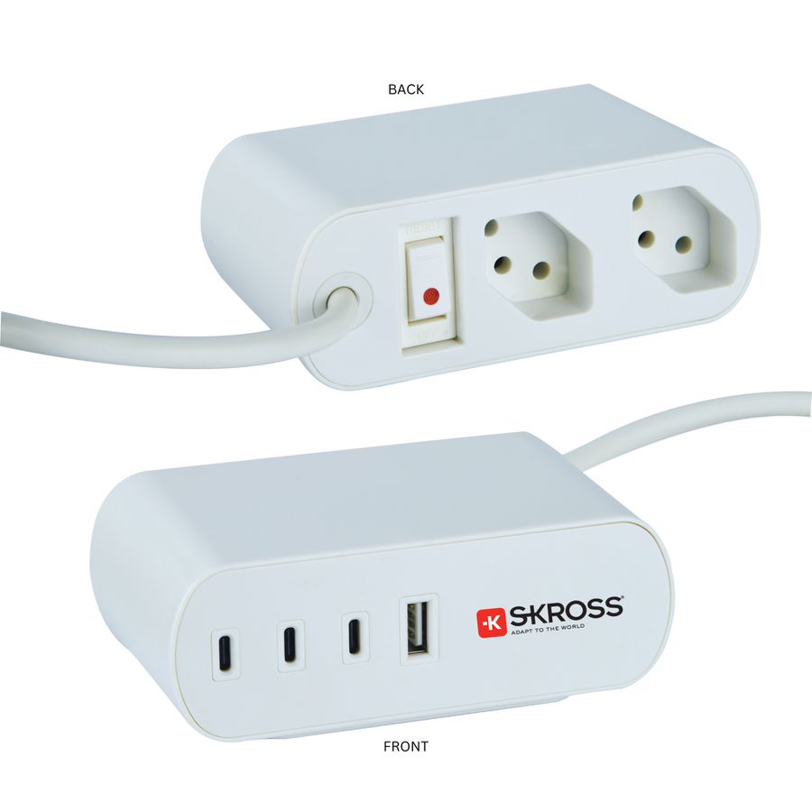 SKROSS OfficeStation - 2xT13, PD 65W GaN, 3x USB-C / 1x USB-A, 3.0m Kabel, inkl. 2 Halterungen, weiss