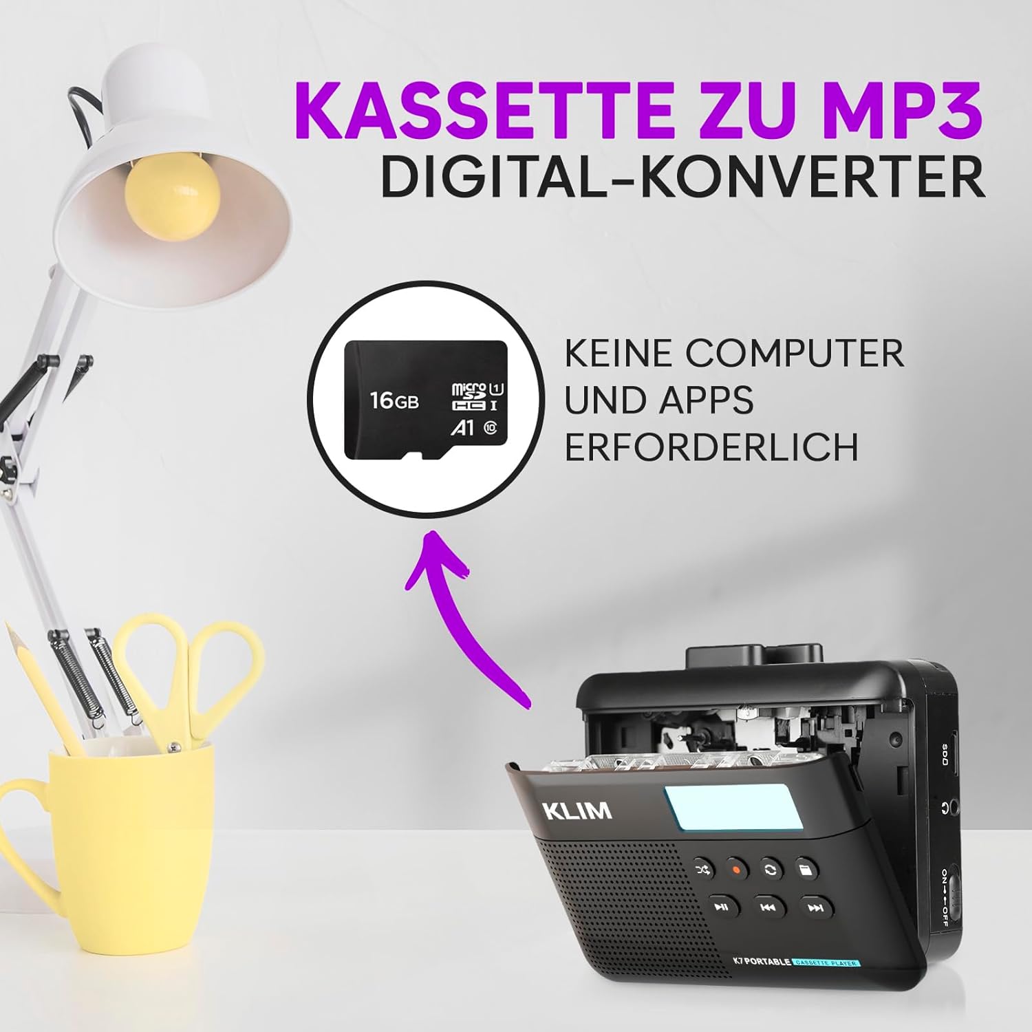K7 Walkman Kassettenspieler + Recorder mit Lautsprecher, Akku, Ohrhörer, 16GB MicroSD Karte