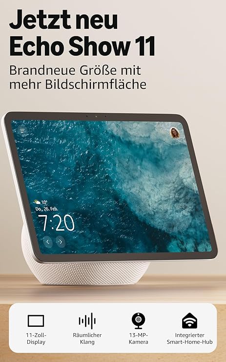 Amazon Echo Show 11 – Brillantes 11-Zoll-Display in Full-HD-Auflösung, 3D-Audio und Alexa, Weiß
