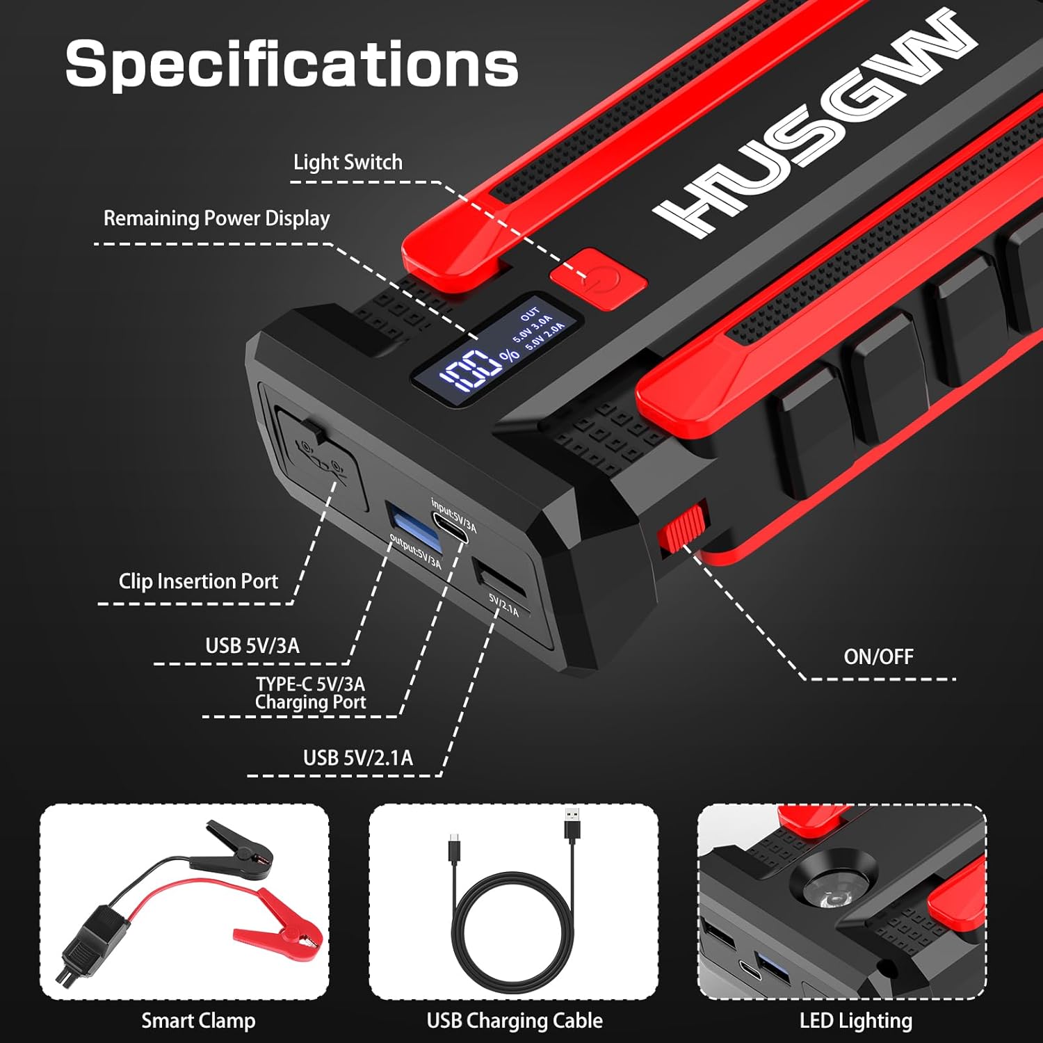 Husgw Starthilfe Powerbank 2000A – 12V Auto- & Motorrad-Booster mit LED