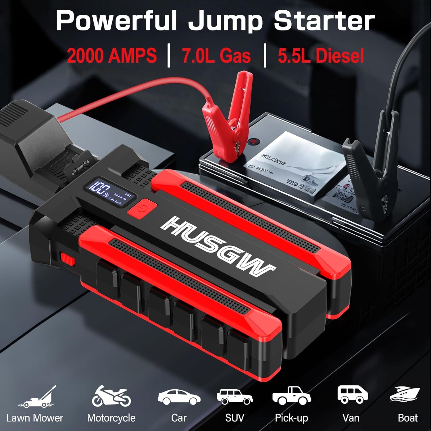 Husgw Starthilfe Powerbank 2000A – 12V Auto- & Motorrad-Booster mit LED
