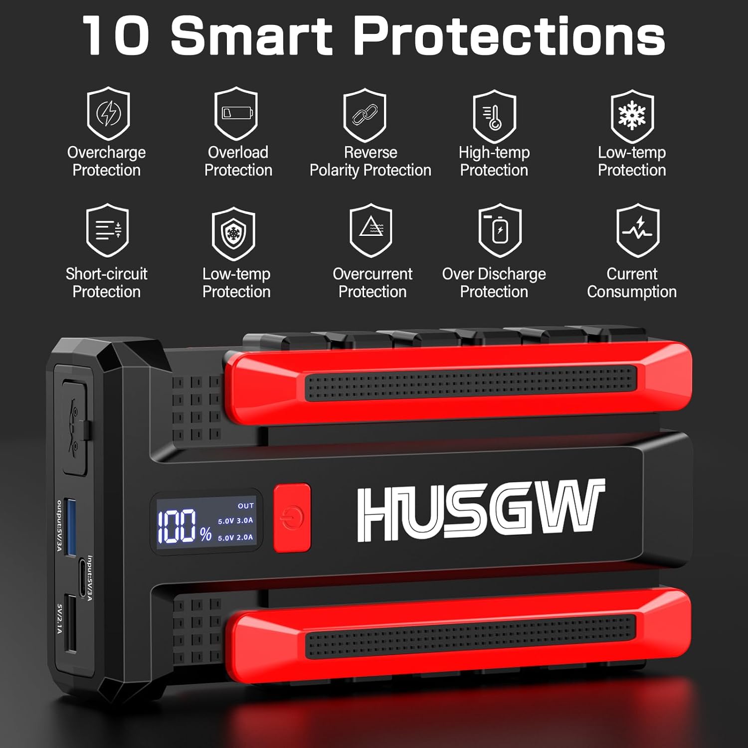 Husgw Starthilfe Powerbank 2000A – 12V Auto- & Motorrad-Booster mit LED