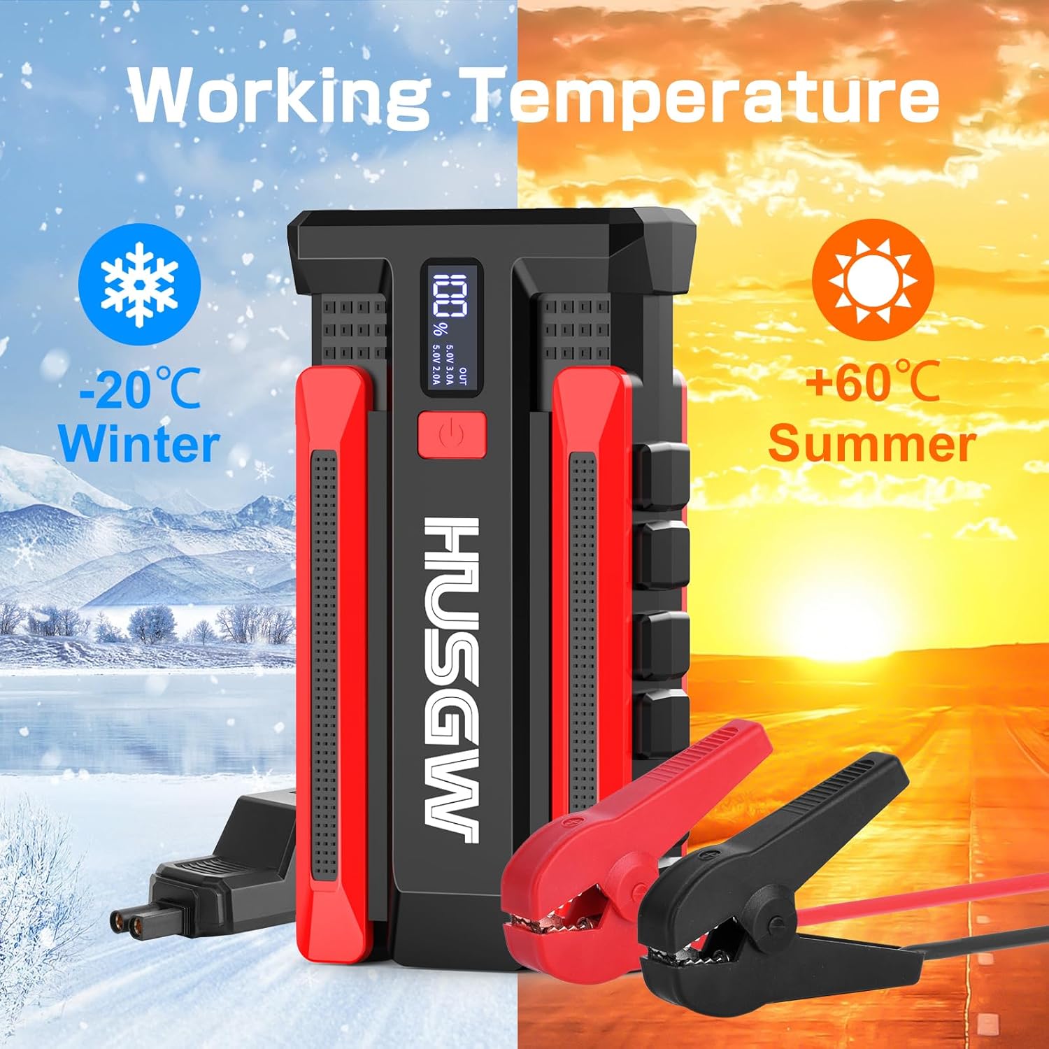 Husgw Starthilfe Powerbank 2000A – 12V Auto- & Motorrad-Booster mit LED