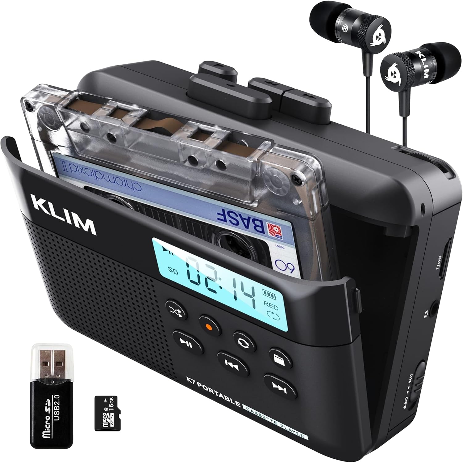 K7 Walkman Kassettenspieler + Recorder mit Lautsprecher, Akku, Ohrhörer, 16GB MicroSD Karte