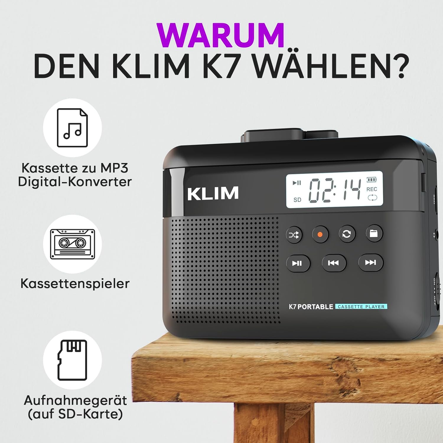 K7 Walkman Kassettenspieler + Recorder mit Lautsprecher, Akku, Ohrhörer, 16GB MicroSD Karte
