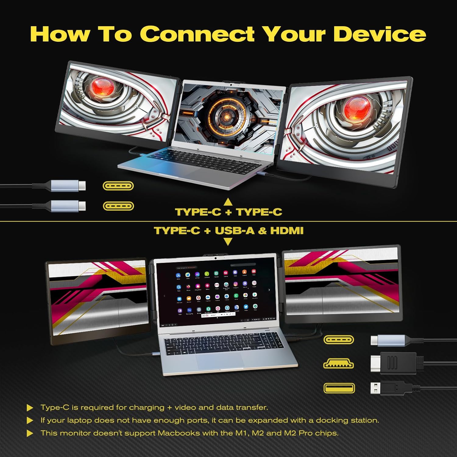 Tragbarer Dual Monitor für Laptops, 14" FHD 1080p HDR Display S2