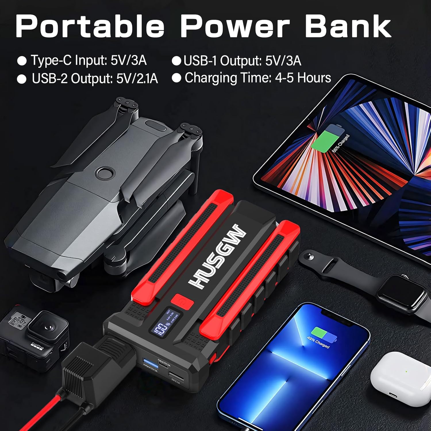 Husgw Starthilfe Powerbank 2000A – 12V Auto- & Motorrad-Booster mit LED