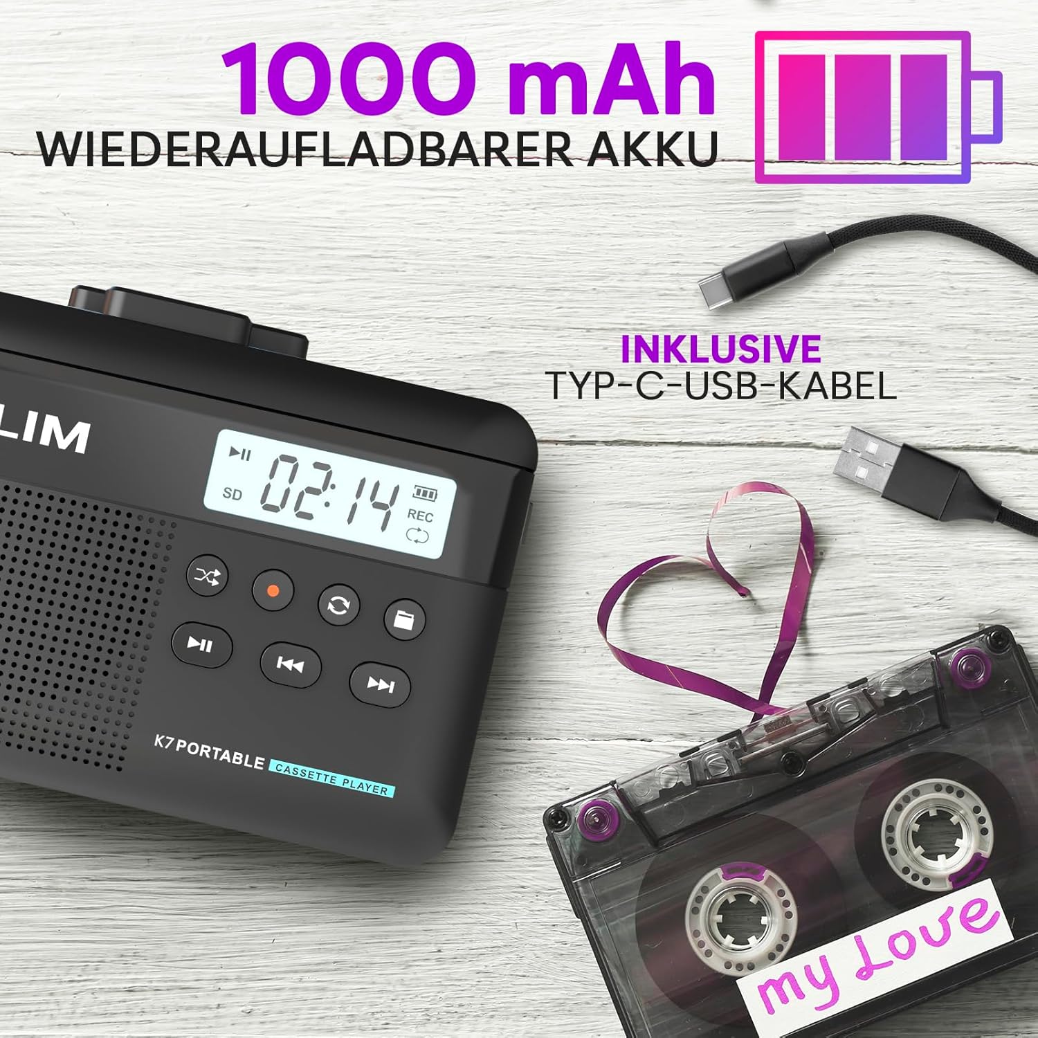 K7 Walkman Kassettenspieler + Recorder mit Lautsprecher, Akku, Ohrhörer, 16GB MicroSD Karte