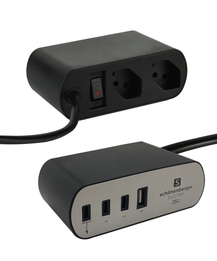 PowerHub 35W PD - 35W PD 3x USB-C / 1x USB-A, 2xT13 Steckdosen, 2.0m Kabel, silber/schwarz