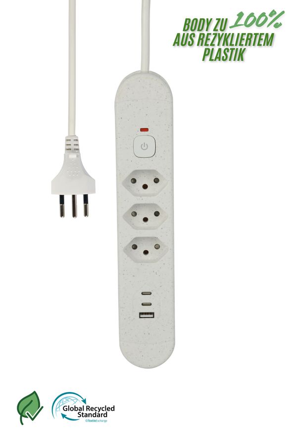 Steckdosenleiste Re:Life USB - 3x T13. 2x USB-C + 1x USB-A, 1.8m Kabel, weiss