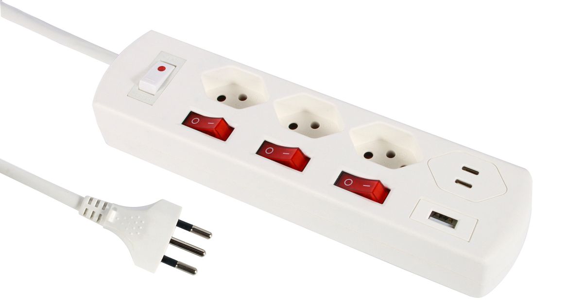 Steckdosenleiste Fix-Line+ MultiSwitch USB-C - 3x T13, 2x USB-C + 1x USB-A PD 20W, 2.0m Kabel, einzeln schaltbar + Hauptschalter, weiss