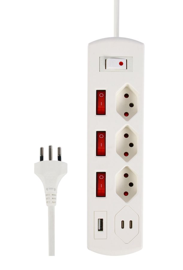 Steckdosenleiste Fix-Line+ MultiSwitch USB-C - 3x T13, 2x USB-C + 1x USB-A PD 20W, 2.0m Kabel, einzeln schaltbar + Hauptschalter, weiss