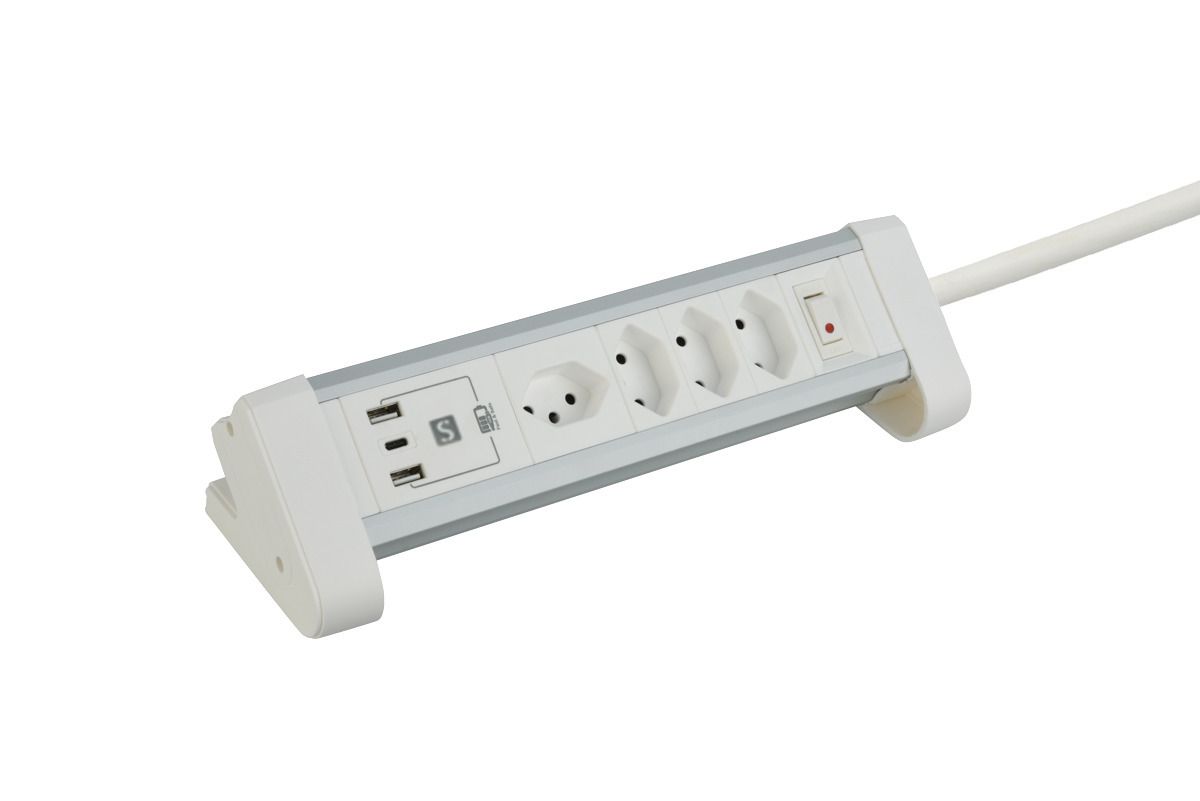 ALU DESKTOP USB-C - 4xT13, 1x USB-C / 2x USB-A max. 3.4A / PD 20W, 2.0m Zuleitung, weiss