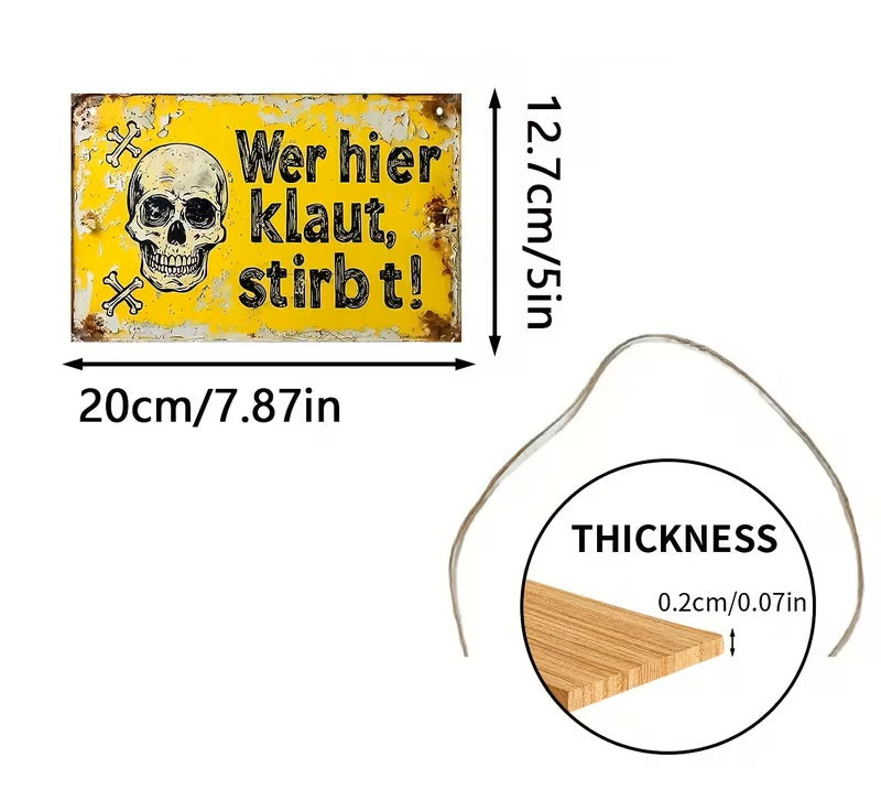 2D Flaches Vintage Holzschild „Wer hier klaut, stirbt“ – Rustikale Wandplakette mit Totenkopf & Kreuz