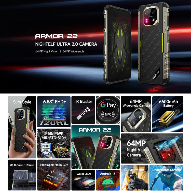Ulefone Armor 22, 8 GB + 256 GB IP68/IP69K, 6,58 Zoll 4G, NFC, OTG