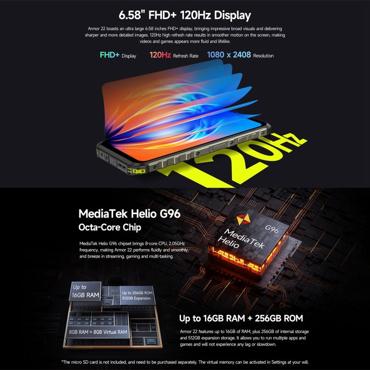 Ulefone Armor 22, 8 GB + 256 GB IP68/IP69K, 6,58 Zoll 4G, NFC, OTG