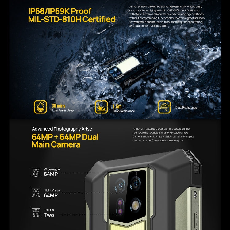 Ulefone Armor 24, robustes Telefon, seitlicher Fingerabdruck, 22000 mAh, 6,78 Zoll Android 13 MediaTek Helio G96 Octa Core, Netzwerk: 4G, NFC