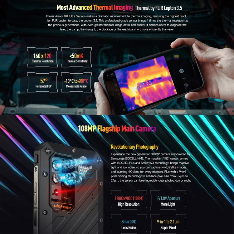 Ulefone Power Armor 18T Ultra Version 5G Robustes Wärmebildtelefon, seitlicher Fingerabdruck, 6,58 Zoll Android 13 MediaTek Dimensity 7050 Octa Core bis zu 2,6 GHz, Netzwerk: 5G, NFC, OTG