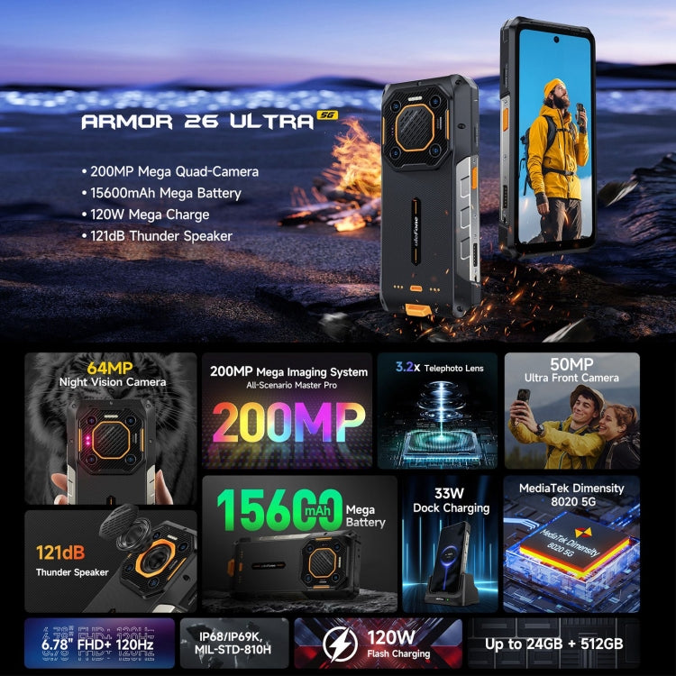Ulefone Armor 26 Ultra Rugged Phone, 6,78 Zoll Android 13 MediaTek Dimensity 8020 Octa Core, Netzwerk: 5G, NFC