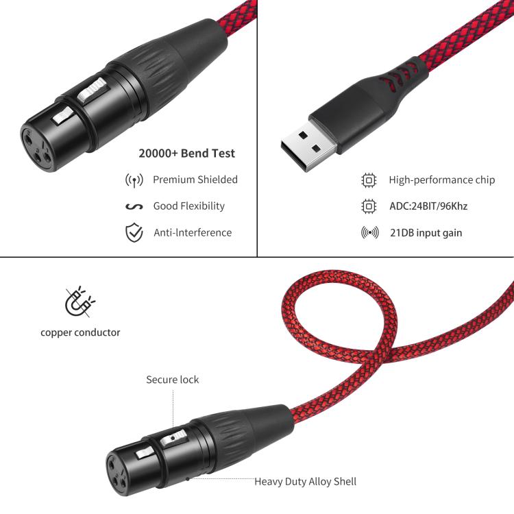 USB-A auf XLR-Buchse Audiokabel für dynamische Mikrofone, 1 m, 2 m, 3 m