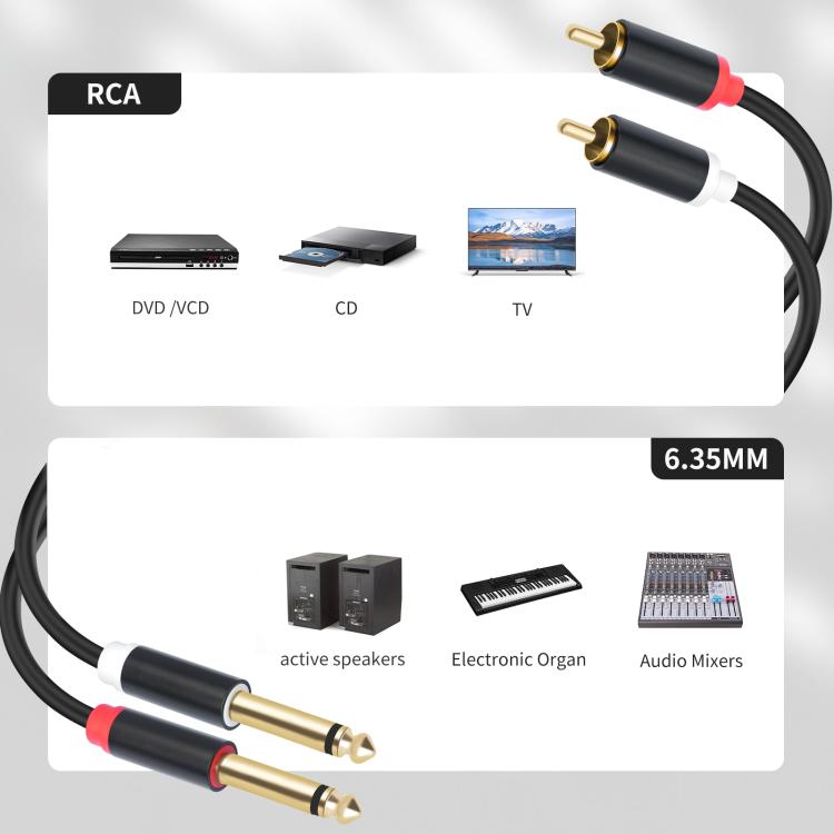 2 RCA to 2x6.35mm Male Mixing Consoles Audio Connection Cables, 1.5m, 3m, 5m