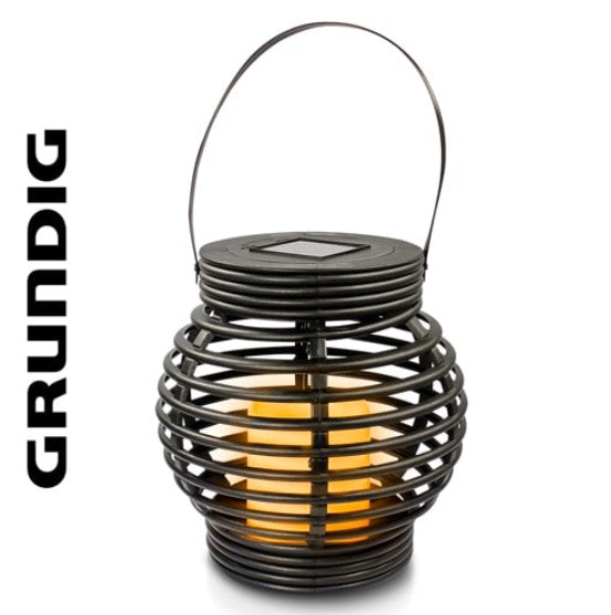 GRUNDIG LED-Solarlaterne Polyrattan, Kerzenform mit Flackereffekt, orange Flamme, Außenlampe für Garten, Terrasse