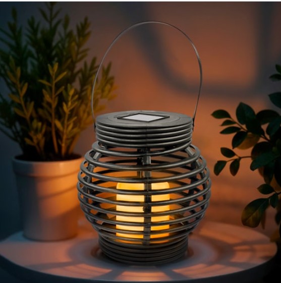 GRUNDIG LED-Solarlaterne Polyrattan, Kerzenform mit Flackereffekt, orange Flamme, Außenlampe für Garten, Terrasse