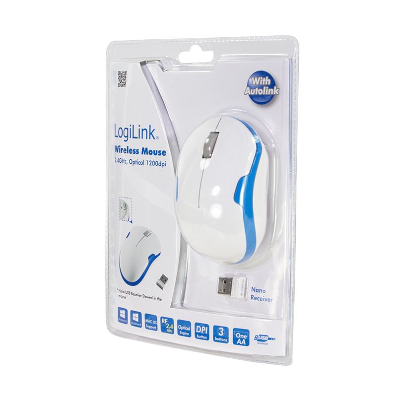 LogiLink optische Funk Maus kabellos 2,4GHz 1200dpi Nano USB Empfänger Weiß Blau