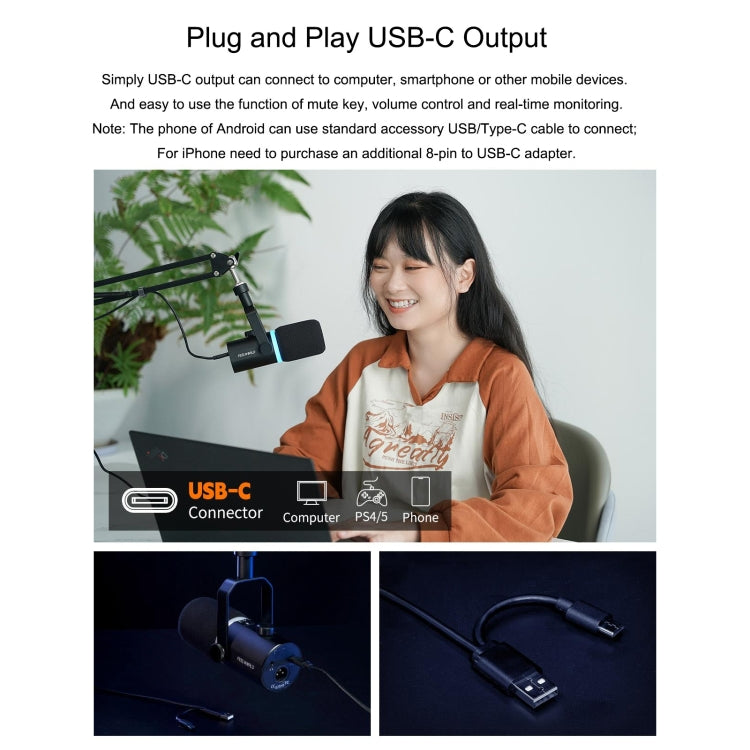 FEELWORLD PM1-AS Dynamisches XLR/USB-Mikrofon für Podcasting, Aufnahme, Gaming, Live-Streaming mit Galgenarm