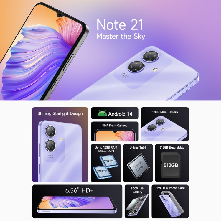 Ulefone Note 21, 4 GB + 128 GB, Face ID und Fingerabdruck, Akku 5000mAh