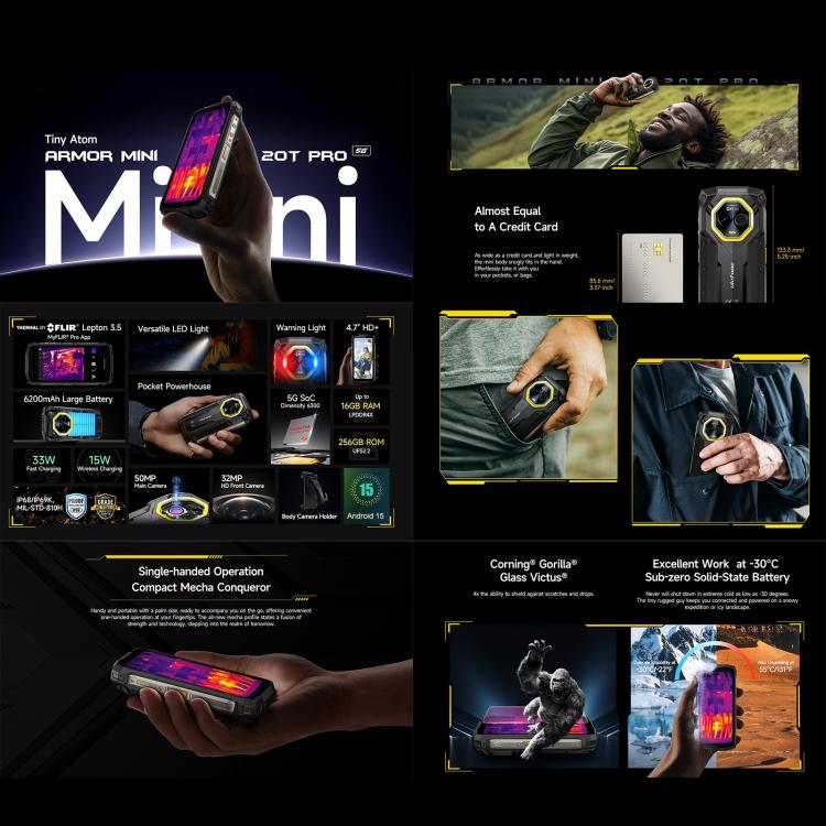 Ulefone Armor Mini 20T Pro, Wärmebildgebung, 8 GB + 256 GB, IP68/IP69K robustes Telefon, 4,7 Zoll Android 14 MediaTek Dimensity 6300 5G Octa Core, Netzwerk: 5G, NFC, OTG, Armor Mini 20T Pro