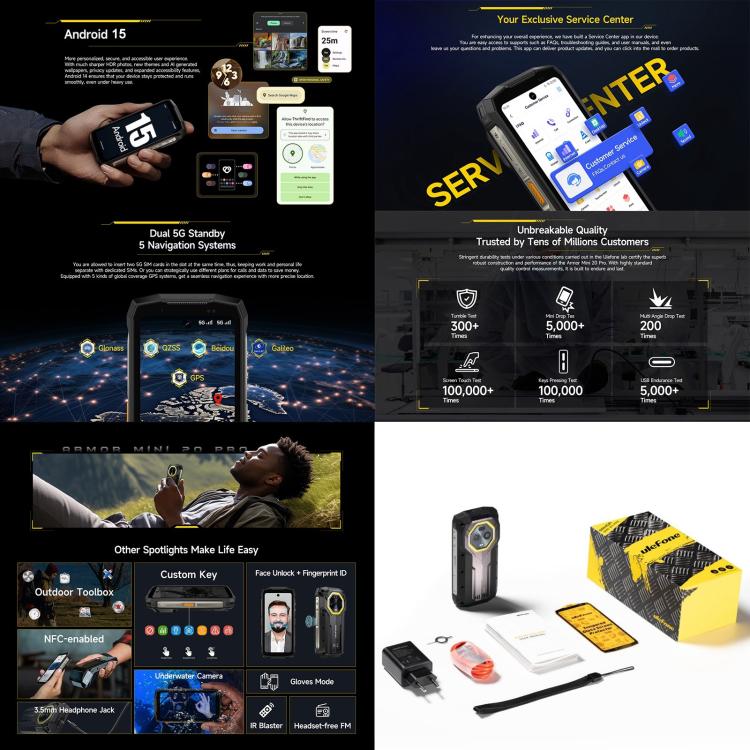 Ulefone Armor Mini 20 Pro, 8 GB + 256 GB, IP68/IP69K robustes Telefon, 4,7 Zoll Android 14 MediaTek Dimensity 6300 5G Octa Core, Netzwerk: 5G, NFC, OTG, Armor Mini 20 Pro