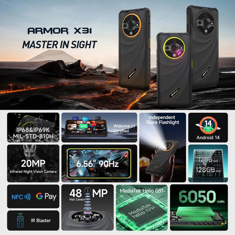 Ulefone Armor X31, 6 GB + 128 GB, Nachtsicht, IP68/IP69K Robustes Telefon, 6,56 Zoll Android 14 MediaTek Helio G91 Octa Core, Netzwerk: 4G, NFC, OTG