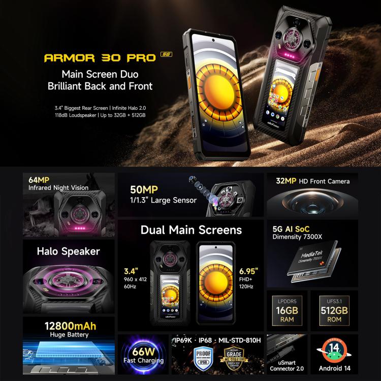 Ulefone Armor 30 Pro, 16 GB + 512 GB, Nachtsicht Dual Display