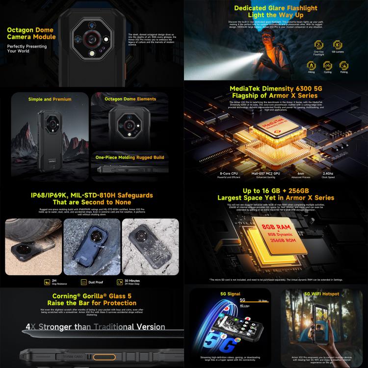 Ulefone Armor X32 Pro 5G, 8 GB + 256 GB, Nachtsicht, IP68/IP69K