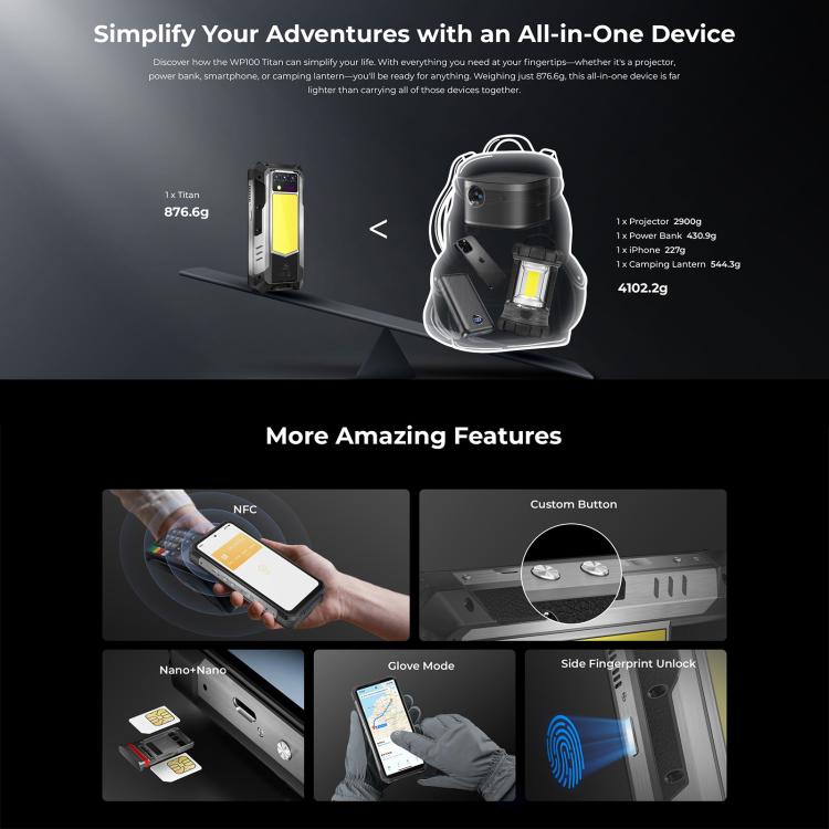 Oukitel WP100 TITAN 5G Projector Rugged Phone, 16GB+512GB, 200MP Camera, Fingerprint Identification, 6.8 inch Android 14 MediaTek Dimensity 7300 Octa Core, NFC, OTG, Network: 5G