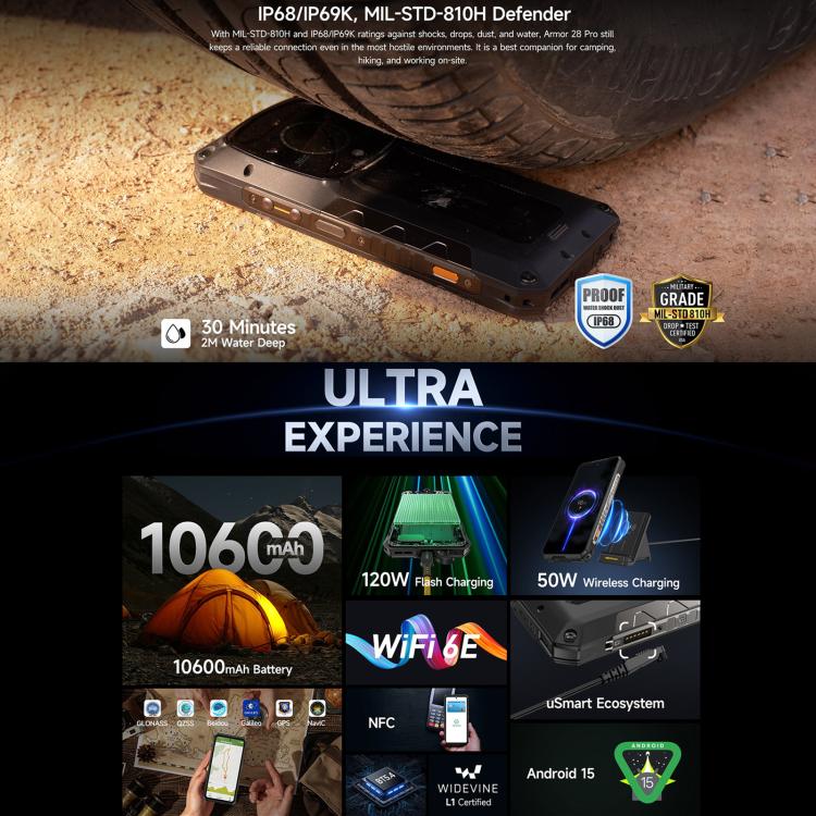 Ulefone Armor 28 Pro Rugged Phone, 16GB+512GB, Night Vision, 10600mAh, Android 15, 5G, NFC